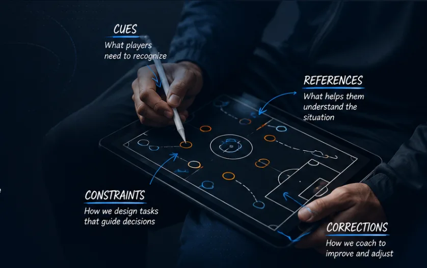 A coach drawing a tactical pattern on a tablet. Four labels
annotate the image: Cues — what players need to recognize;
References — what helps them understand the situation;
Constraints — how we design tasks that guide decisions;
Corrections — how we coach to improve and adjust.