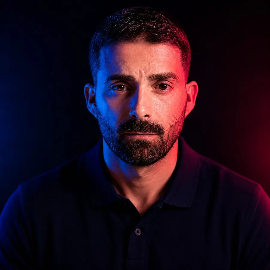 Studio portrait of Bernat Mosquera, founder of Modern Coach
Hub, lit in blue and red against a dark background.